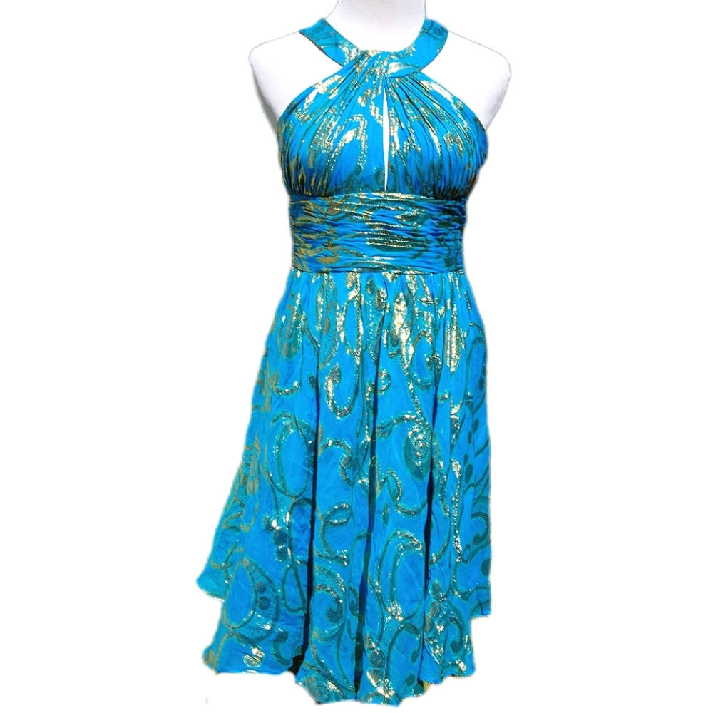 Vintage Cache 90's Aqua Blue and Metallic Gold Crossback Party Dress